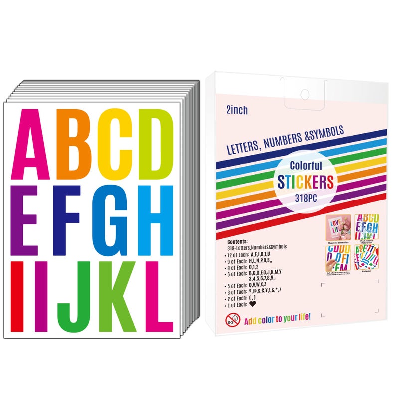 318Pcs 2inch Vinyl Letter Numbers Stickers Large Stick on Alphabet for Bulletin Board ScrapbookingMailbox House Door WallScrapbook Wall Waterproof self Adhesive Multi Color
