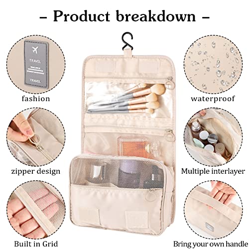 Pengxiaomei Toiletry Bag for Women, Waterproof Hanging Cosmetic Bag Portable Travel Makeup Pouch Multifunction Handle Bathroom Bag for Mothers Day Gifts (Beige) - Image 3