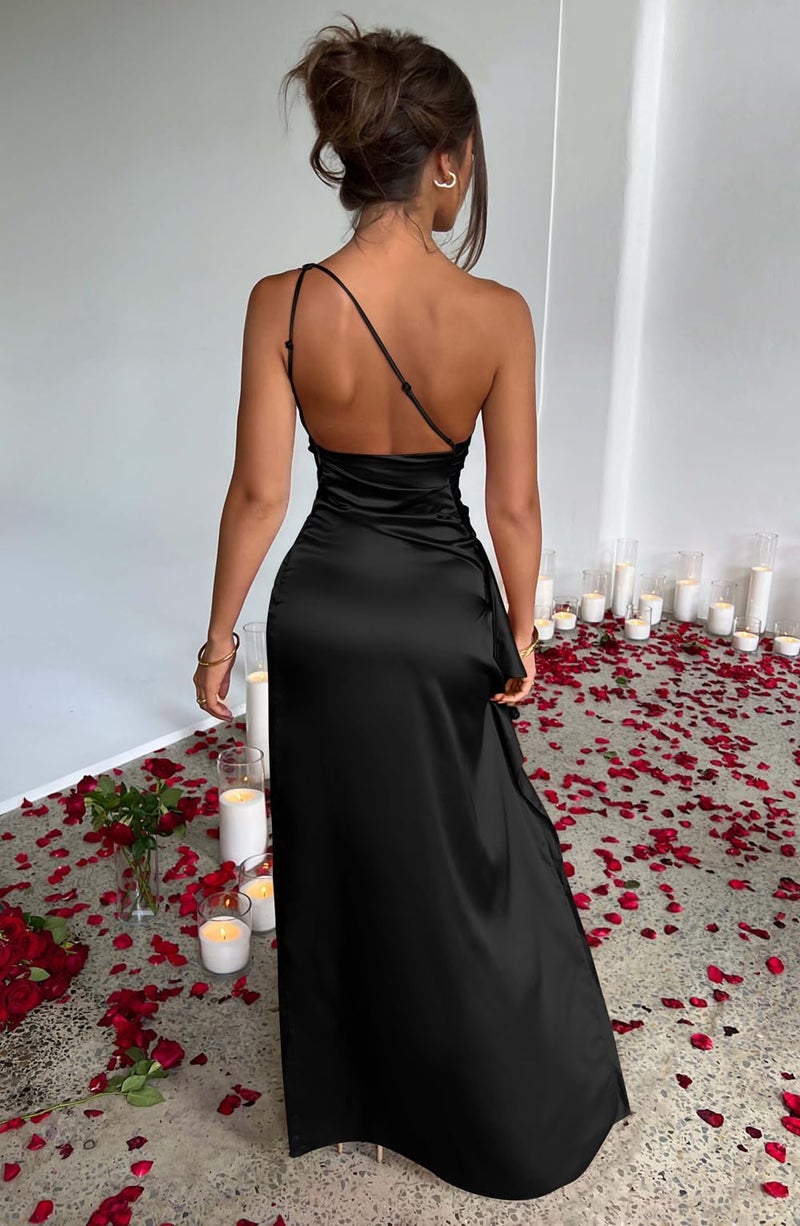 Memoriesea Women's Sexy One Shoulder Satin High Split Cocktail Wedding Party Maxi Dress Black - Image 5