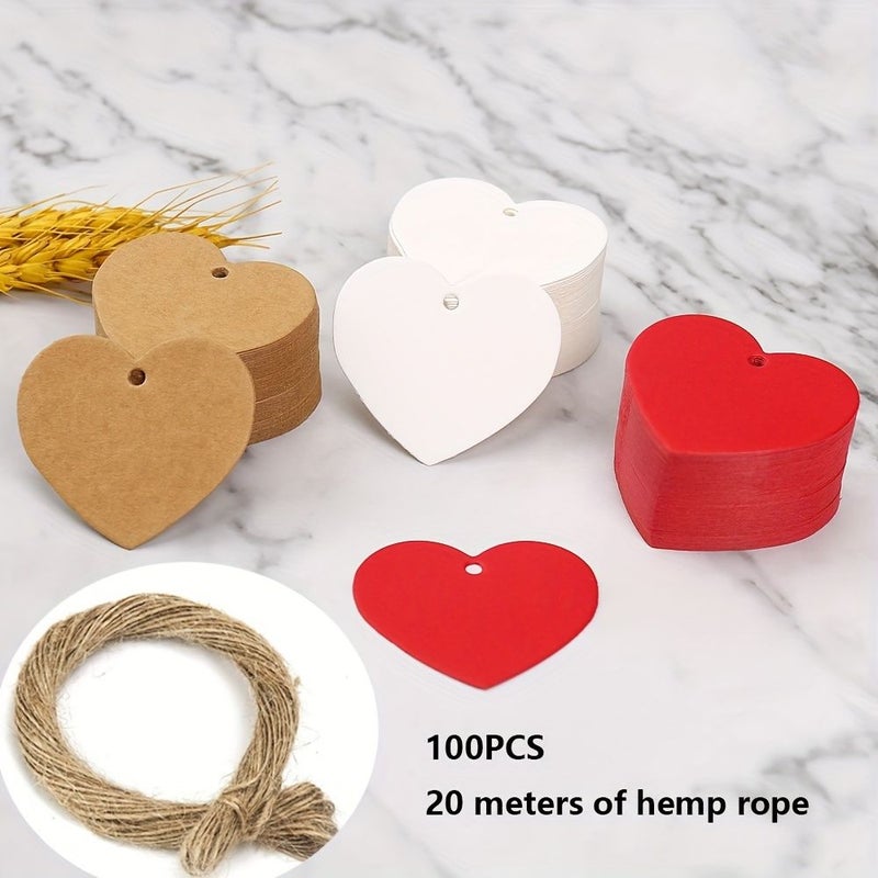 100 Sheets Kraft Paper Heart Tags With Twine For Valentine Red Label Pack 64C - Image 1