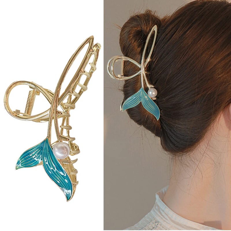Blue Fish Tail Hair Clips with Pearl Mermaid Hair Claw Clips for Women Big Gold Metal Hair Clip Strong Hold Hair Clamps Nonslip Hair Barrettes Large Hair Accessories for Woman and Girls