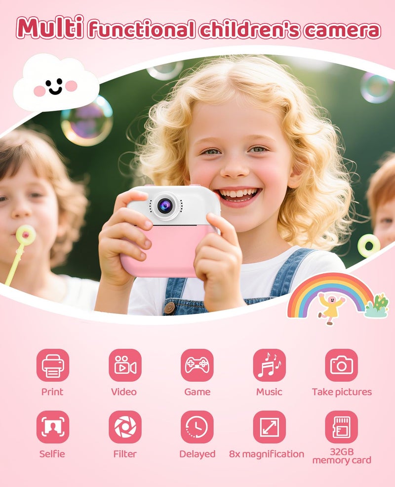 DITUPAN Instant Print Kids Camera for Girls Age 5-12, Birthday Gift Digital Camera, Dual Lens Selfie Camera with 32GB Card, Portable Toy for Girls Ages 5 6 7 8 9 10 11 12 - Image 2