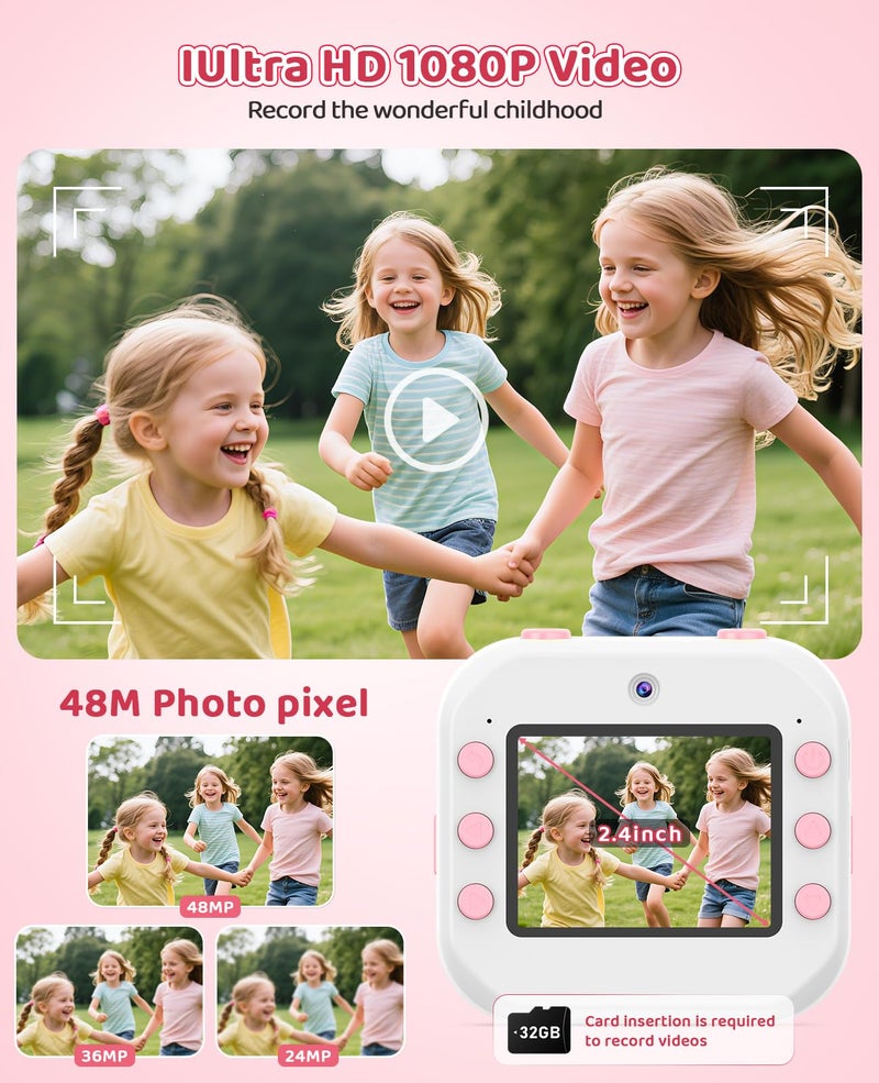 DITUPAN Instant Print Kids Camera for Girls Age 5-12, Birthday Gift Digital Camera, Dual Lens Selfie Camera with 32GB Card, Portable Toy for Girls Ages 5 6 7 8 9 10 11 12 - Image 4