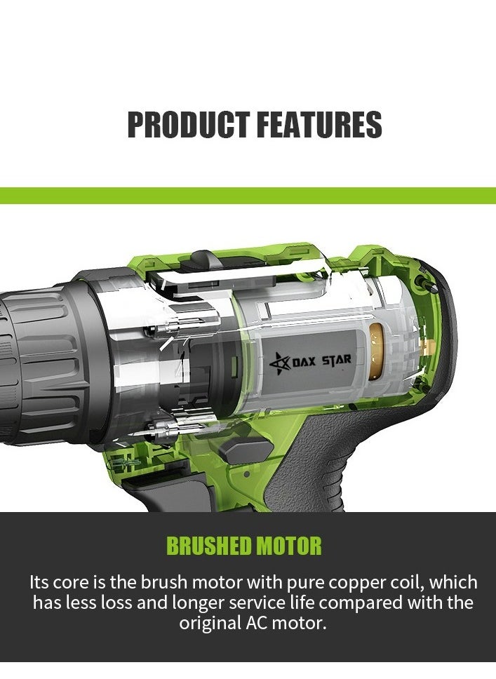 DAX STAR 21V Cordless Drill, 45N.m Drill Bit, 0-650/0-1850rpm 2 Speed ​​Combination Drill, 25+1 Torque Setting Drill Bit, Built-in LED, 30 Piece Accessories Electric Screwdriver Set, Green  - Image 4