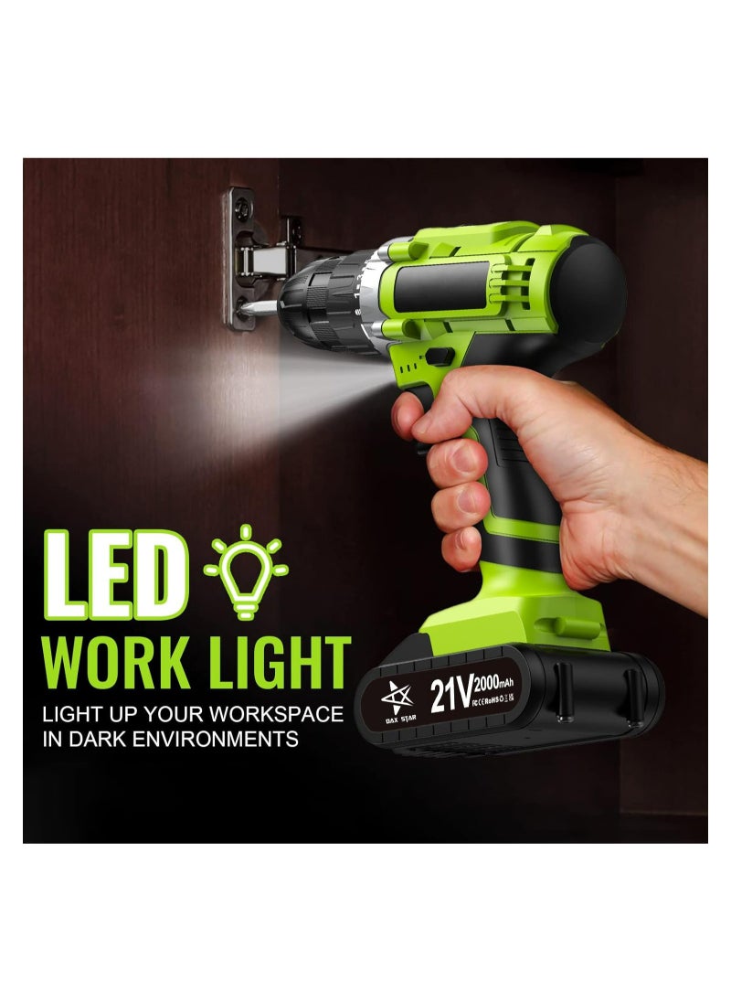DAX STAR 21V Cordless Drill, 45N.m Drill Bit, 0-650/0-1850rpm 2 Speed ​​Combination Drill, 25+1 Torque Setting Drill Bit, Built-in LED, 30 Piece Accessories Electric Screwdriver Set, Green  - Image 5