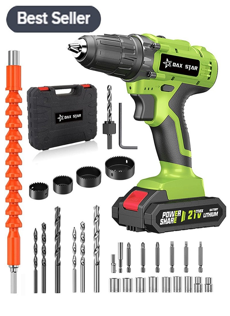 DAX STAR 21V Cordless Drill, 45N.m Drill Bit, 0-650/0-1850rpm 2 Speed ​​Combination Drill, 25+1 Torque Setting Drill Bit, Built-in LED, 30 Piece Accessories Electric Screwdriver Set, Green  - Image 1
