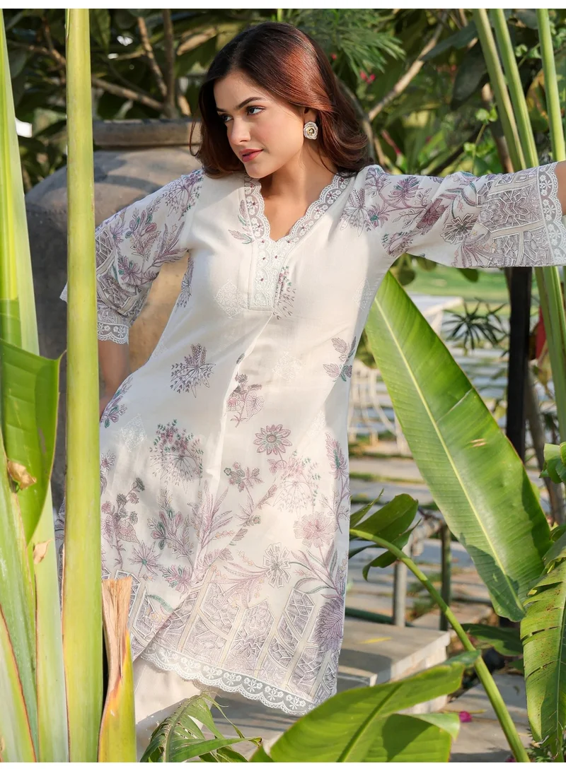 Ameya  white-printed-a-line-pure-cotton-kurta-pant-set-3 for Women | Best Price UAE