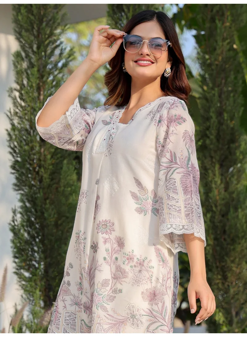 Ameya  white-printed-a-line-pure-cotton-kurta-pant-set-3 for Women | Best Price UAE