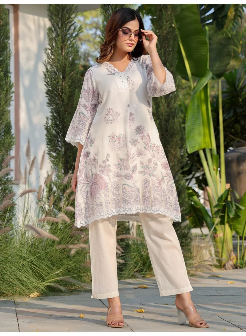 Ameya  white-printed-a-line-pure-cotton-kurta-pant-set-3 for Women | Best Price UAE