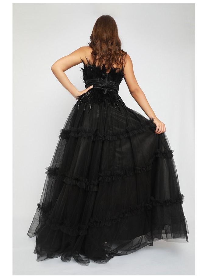 Dentek - Evening Dress of Tulle Material Decorated with Feathers On The Chest and From Bottom, A Wide Cut - Image 1