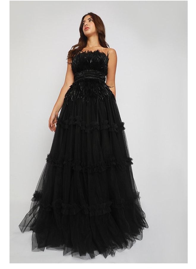 Dentek - Evening Dress of Tulle Material Decorated with Feathers On The Chest and From Bottom, A Wide Cut - Image 1