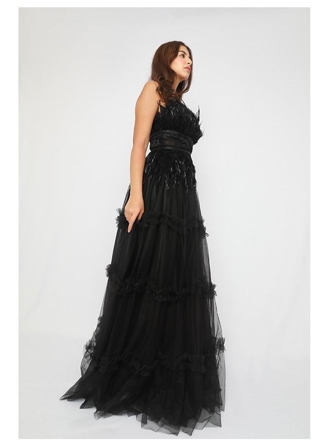 Dentek - Evening Dress of Tulle Material Decorated with Feathers On The Chest and From Bottom, A Wide Cut - Image 1