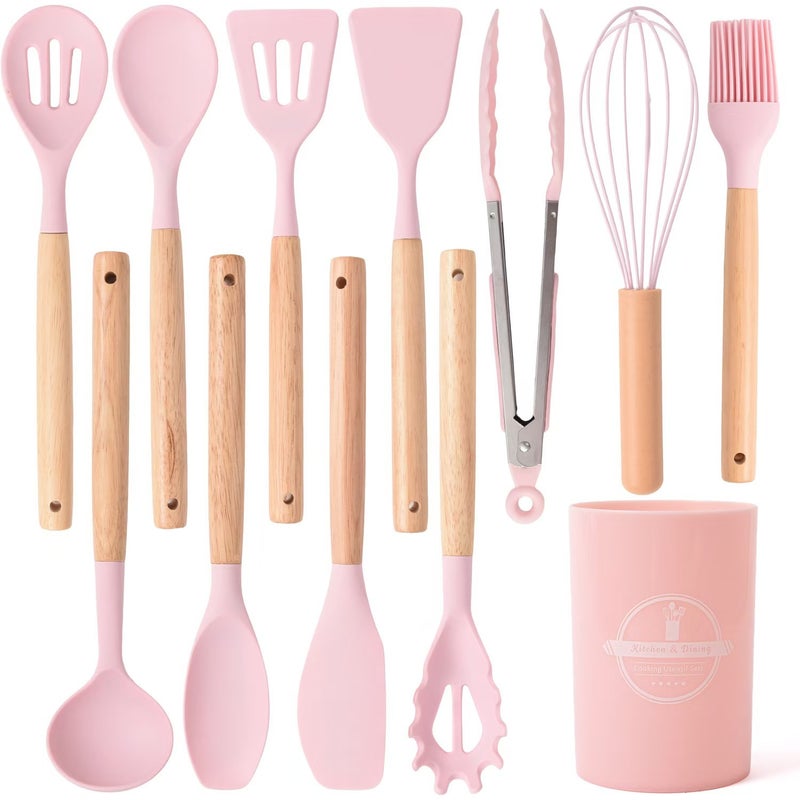 Cross-border wholesale wooden handle silicone kitchenware 12 pieces suit household high temperature resistant cooking silicone spatula soup spoon suit Girly pink