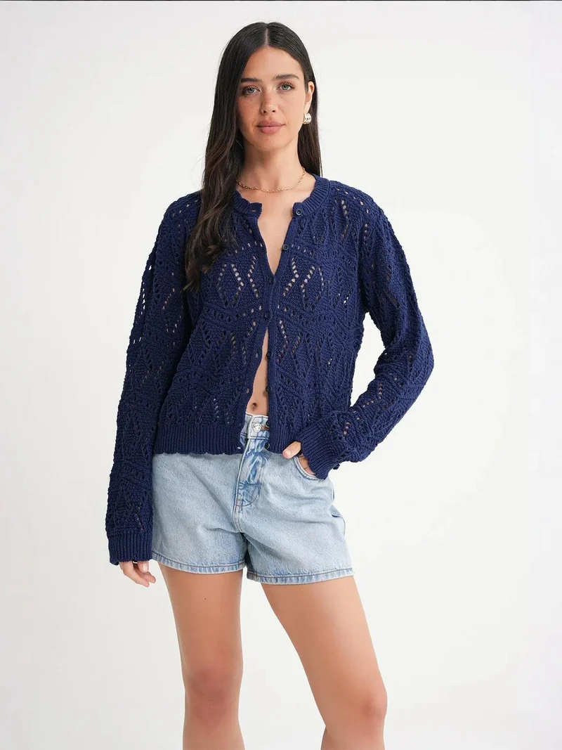 MixRay Mixray Textured Knit Cardigan with Button Closure