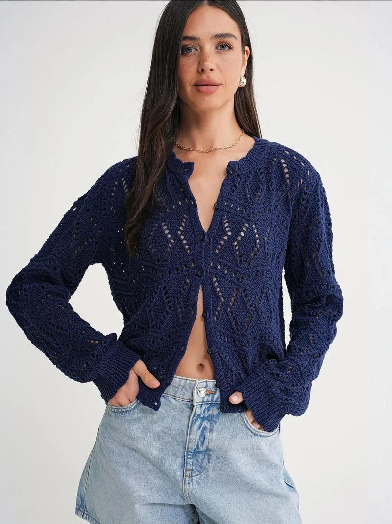 MixRay Mixray Textured Knit Cardigan with Button Closure