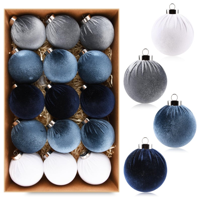 VTYEPOU Velvet Christmas Ornaments Balls for Tree - 15pcs Blue Shatterproof Christmas Ornaments for Xmas Decorations - Multicolor Royal Dusty Blue, 80mm 3.15inch - Image 1