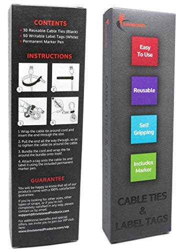 ENVISIONED Cable Tags 1/2" x 2" White Labels Writable 50 Pack Bundled with Bonus Permanent Marker and 30 Reusable Cable Ties 1/2" x 8" - Image 5