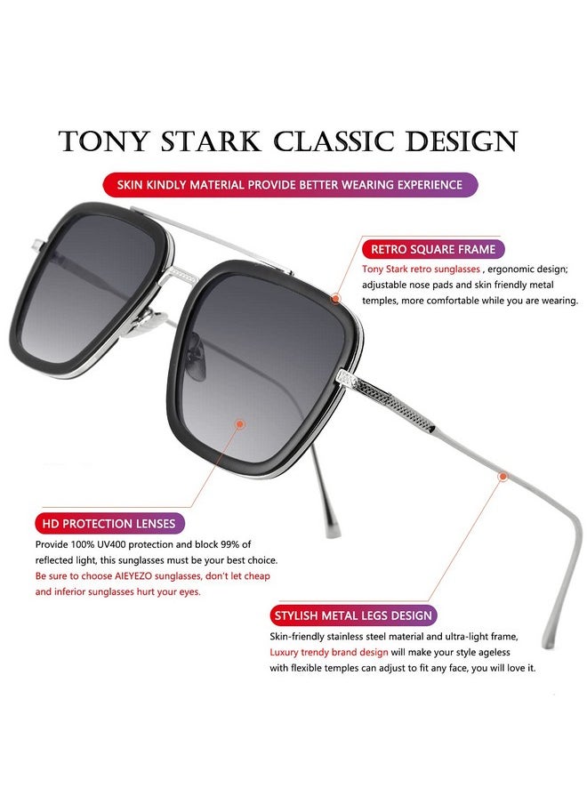 AIEYEZO - Tony Stark Sunglasses Vintage Square Metal Frame Eyeglasses For Men Women Iron Man And Edith Sun Glasses (Silverblackgradient Grey) - Image 1