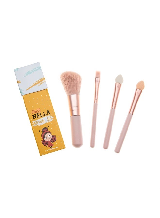Miss Nella Make Up Brush Set for Kids, 4 kid size pink brushes, 2 eye shadow applicators, blush brush, blending brush, perfect for little hands - Image 1