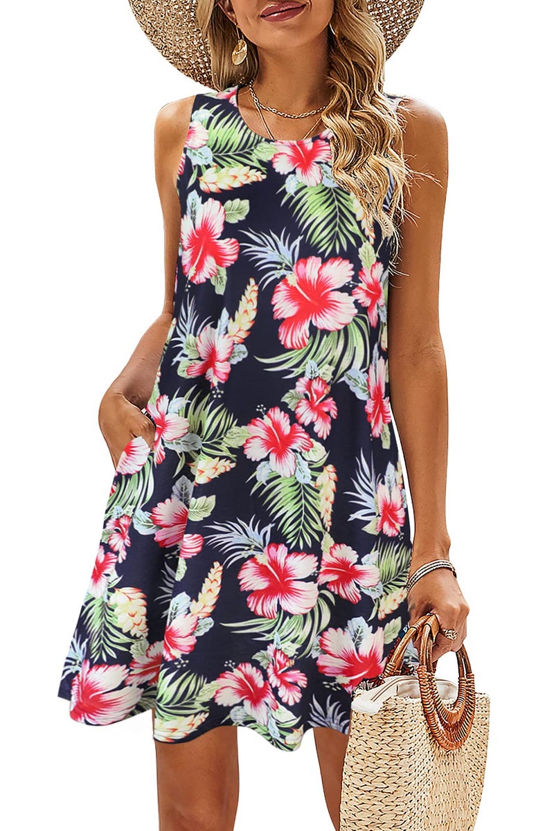 SimpleFun Plus Size Sundresses for Women Casual Beach Tank Dress Knee Length Easter Dress Tropical Rose,3XL - Image 1