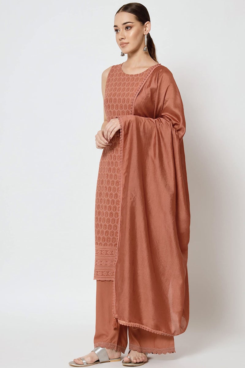 SHOPPING QUEEN Women's Rayon Chikankari Lucknowi Kurta Palazzo with Dupatta Set (A471_Rust Orange_2XL) - Image 3