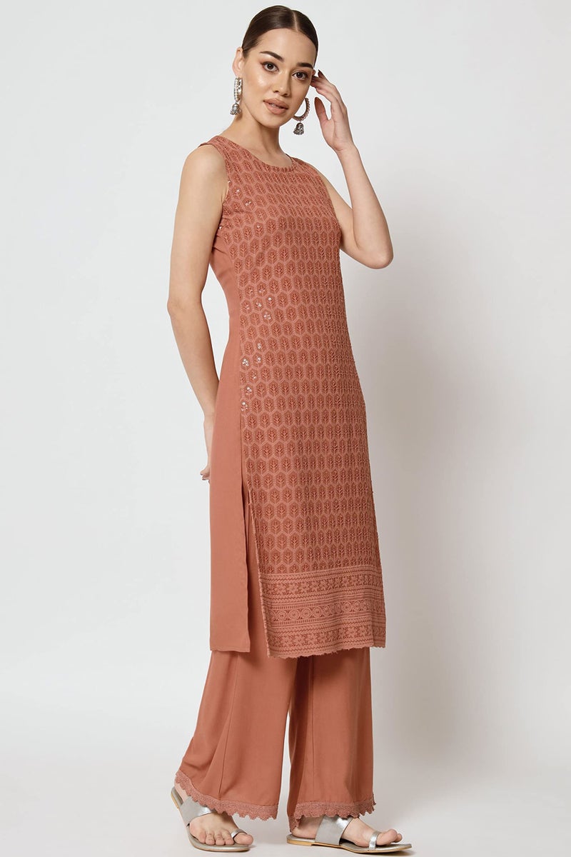 SHOPPING QUEEN Women's Rayon Chikankari Lucknowi Kurta Palazzo with Dupatta Set (A471_Rust Orange_2XL) - Image 4