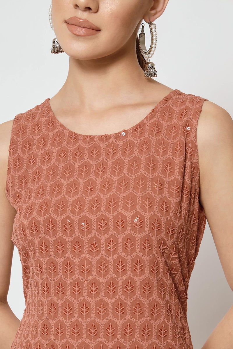 SHOPPING QUEEN Women's Rayon Chikankari Lucknowi Kurta Palazzo with Dupatta Set (A471_Rust Orange_2XL) - Image 5