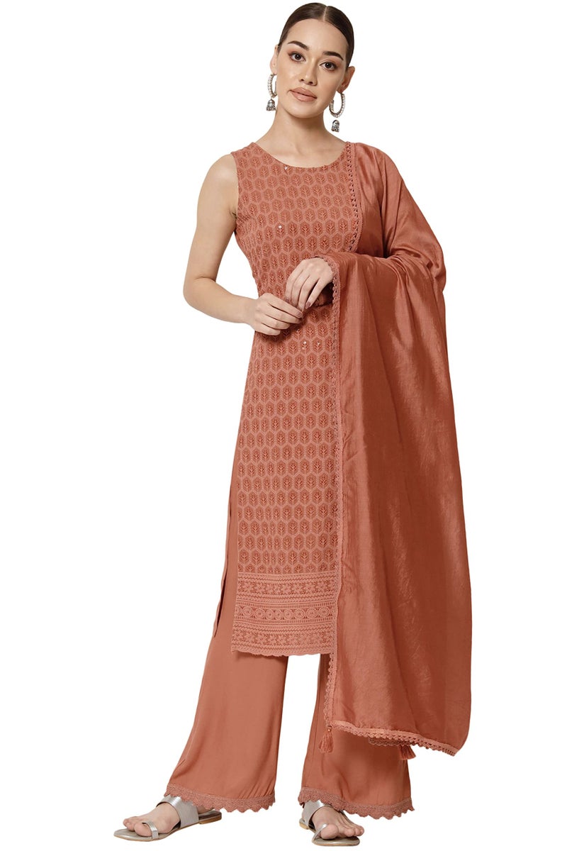 SHOPPING QUEEN Women's Rayon Chikankari Lucknowi Kurta Palazzo with Dupatta Set (A471_Rust Orange_2XL) - Image 1