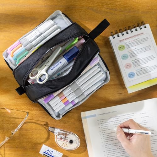 CICIMELON حافظة أقلام CICIMELON بسعة كبيرة مع 4 أقسام، حقيبة أقلام متعددة الفتحات، منظم مستلزمات مدرسية جمالية للمراهقين والبالغين (أسود) - Image 2