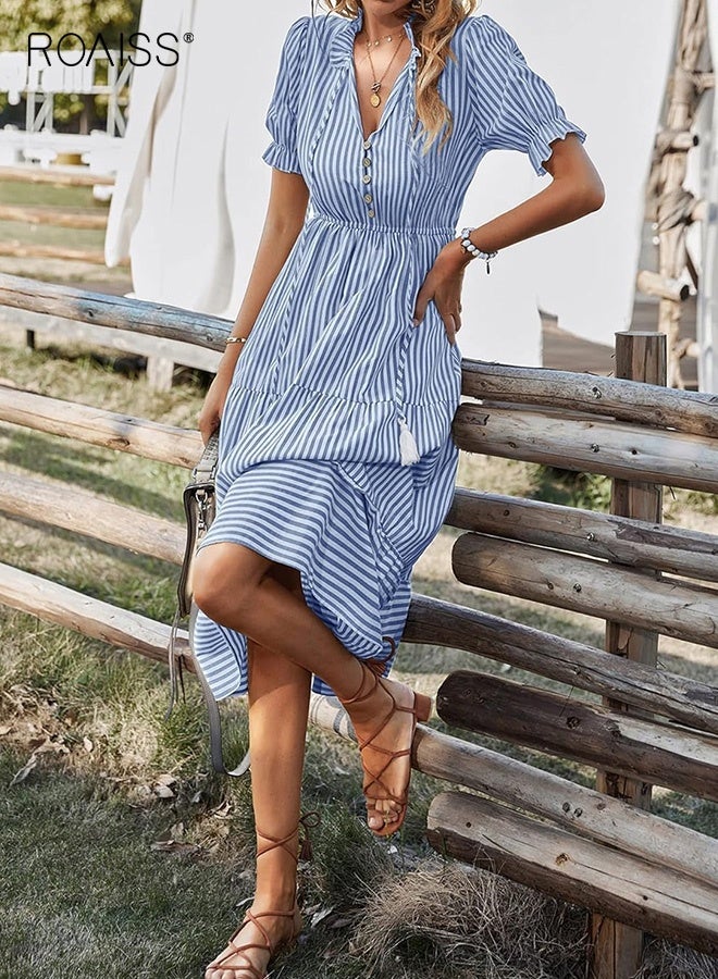 roaiss Women's Shirt Dresses Short Sleeve V Neck Midi Dress Striped Pleated Ruffle Tunic Tops Casual Dress with Button Ladies Fashion Summer Elastic Waist Dress White Blue - Image 4