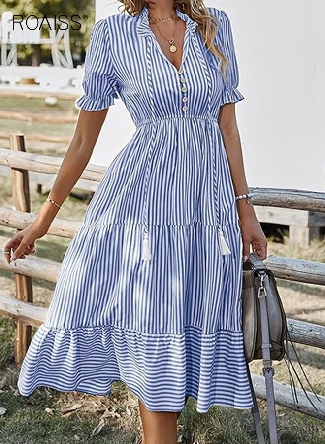 roaiss Women's Shirt Dresses Short Sleeve V Neck Midi Dress Striped Pleated Ruffle Tunic Tops Casual Dress with Button Ladies Fashion Summer Elastic Waist Dress White Blue - Image 1