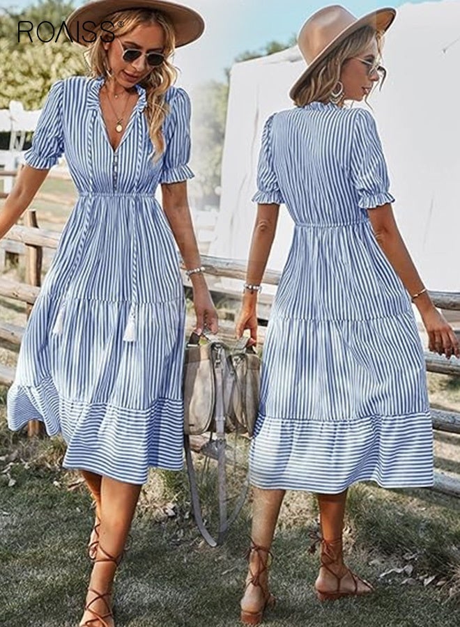 roaiss Women's Shirt Dresses Short Sleeve V Neck Midi Dress Striped Pleated Ruffle Tunic Tops Casual Dress with Button Ladies Fashion Summer Elastic Waist Dress White Blue - Image 5