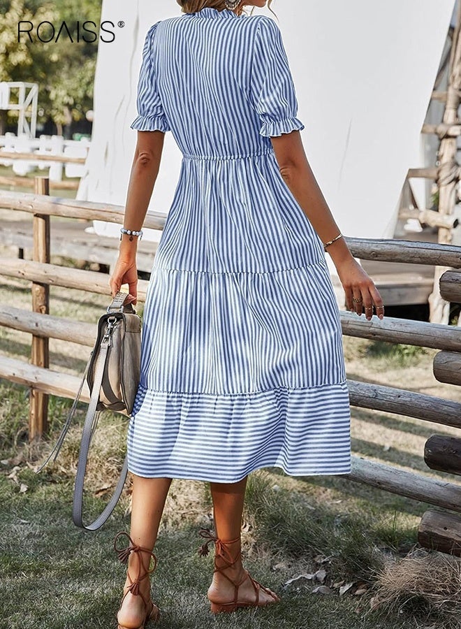 roaiss Women's Shirt Dresses Short Sleeve V Neck Midi Dress Striped Pleated Ruffle Tunic Tops Casual Dress with Button Ladies Fashion Summer Elastic Waist Dress White Blue - Image 2