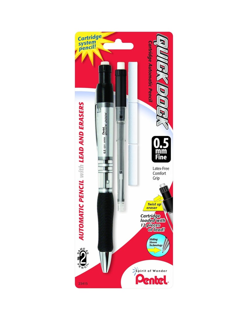 Pentel Quick Dock Automatic Pencil with Refill Cassette and 3 Erasers, 0.5mm, 1 Pack (QD5ELE3BP)