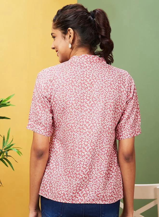 globus Globus Printed Tie-Up Neck Short Sleeve Top