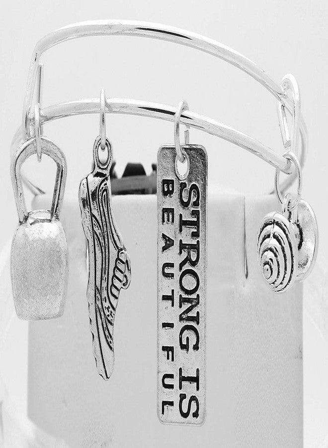 Art Attack Strong Is Beautiful Workout Gym Expandable Bracelet, Barbell Dumbbell Weight Exercise Victorious Brave Smart Wonderful Pendant Charm (Silver) - Image 5