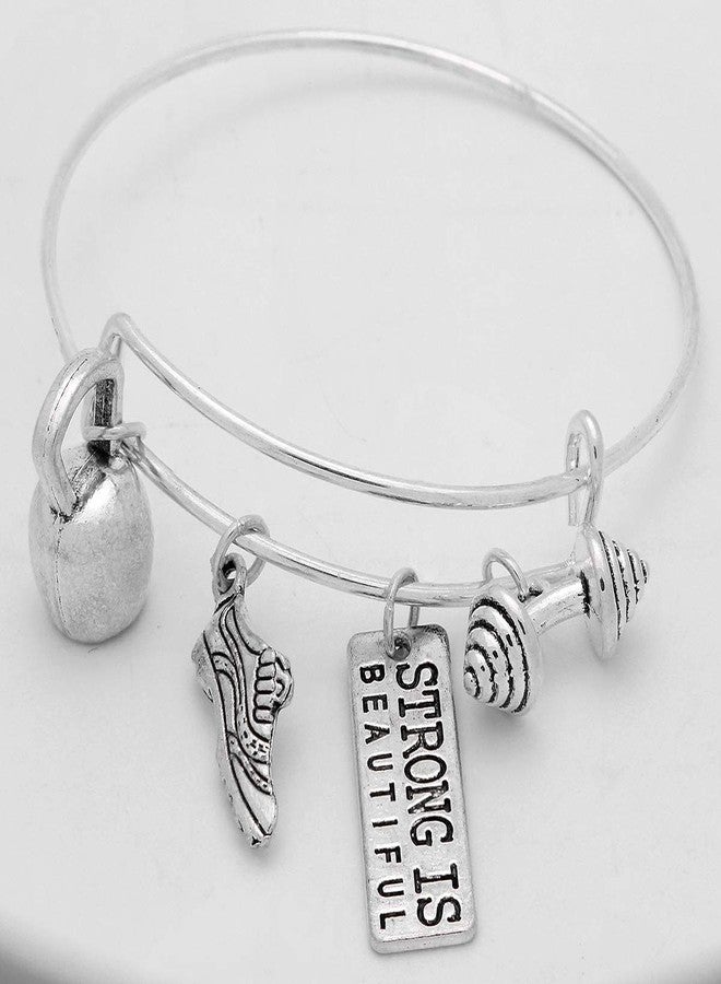 Art Attack Strong Is Beautiful Workout Gym Expandable Bracelet, Barbell Dumbbell Weight Exercise Victorious Brave Smart Wonderful Pendant Charm (Silver) - Image 4