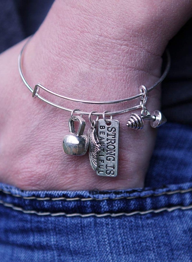 Art Attack Strong Is Beautiful Workout Gym Expandable Bracelet, Barbell Dumbbell Weight Exercise Victorious Brave Smart Wonderful Pendant Charm (Silver) - Image 3