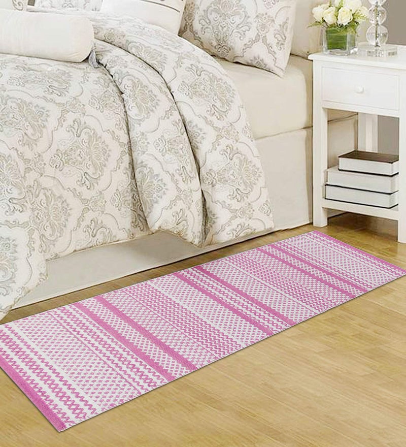 MDZ® Hand Woven 100% Cotton Designer Striped Rug, Bed Side Runner for Bedroom, Living Room, Passage, Style - Modern, Size - 45 x 130 cm | Eco Friendly (Pink White) - Image 1