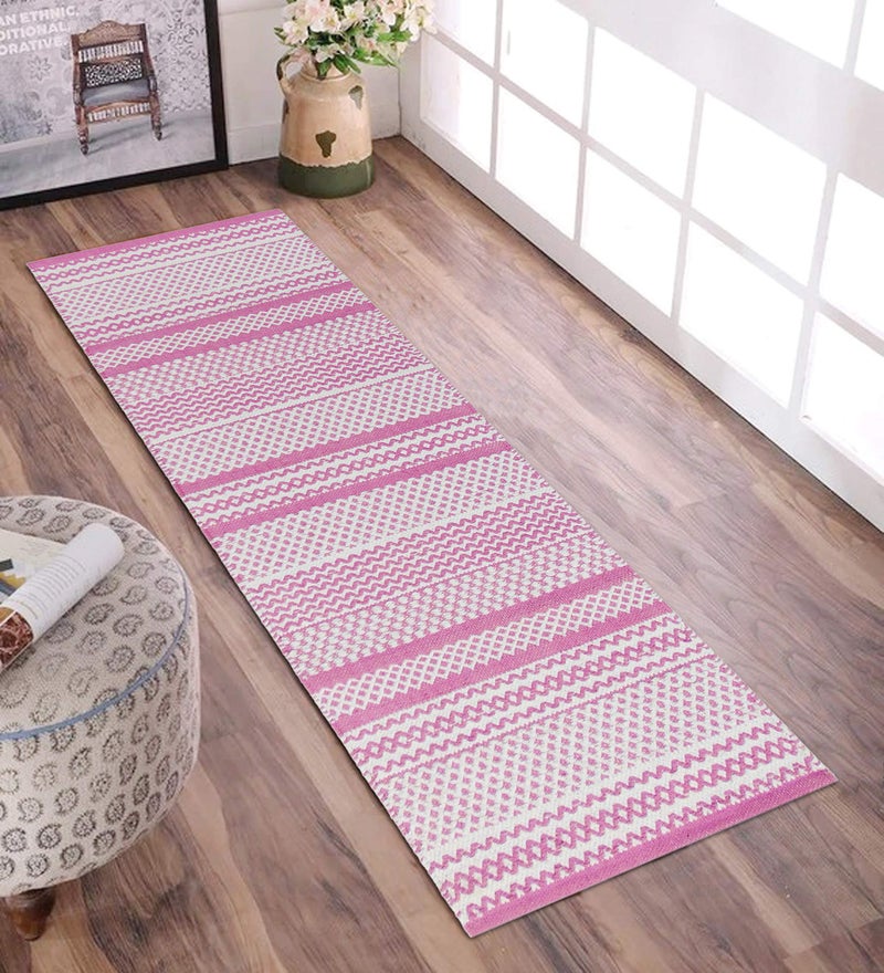 MDZ® Hand Woven 100% Cotton Designer Striped Rug, Bed Side Runner for Bedroom, Living Room, Passage, Style - Modern, Size - 45 x 130 cm | Eco Friendly (Pink White) - Image 2