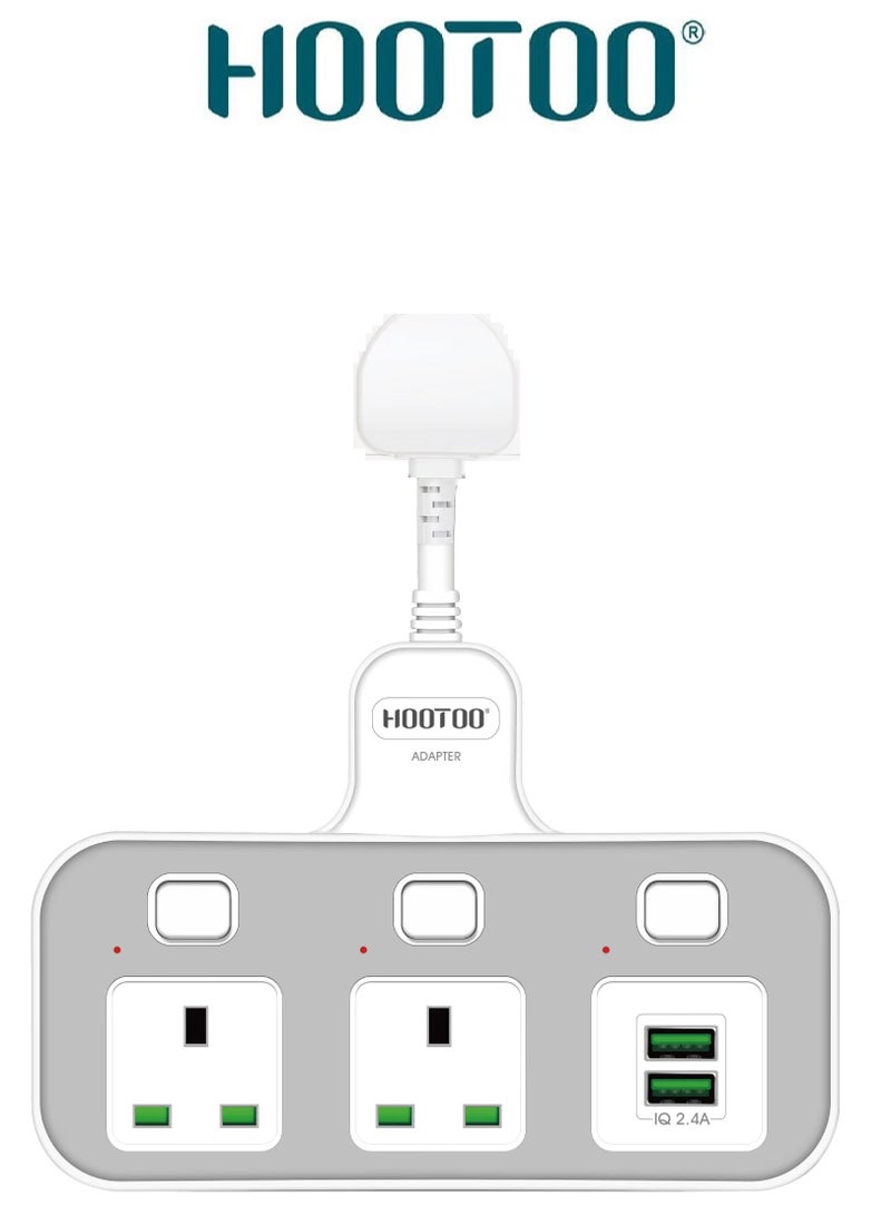 هوتو مقبس تمديد بقوة 3000 واط متعدد، موسع مخرج كهربائي بمخرجين  كهرباء مقابس تيار متردد و منفذين شحن يو اس بي (USB) متعدد الاستخدام بفوة 2.4  أمبير، توصيلة كهربائية موسعة قابلة لتدوير حتى 180 درجة وبأزرار اطفاء عند لكل منفذ، محول قابس المملكة المتحدة مناسبة للمنزل والمكتب والمطبخ سهلة الاستخدام وامنه - Image 1