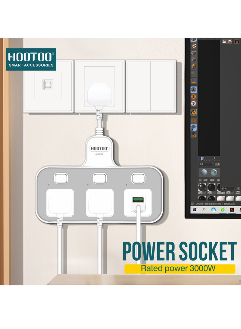 هوتو مقبس تمديد بقوة 3000 واط متعدد، موسع مخرج كهربائي بمخرجين  كهرباء مقابس تيار متردد و منفذين شحن يو اس بي (USB) متعدد الاستخدام بفوة 2.4  أمبير، توصيلة كهربائية موسعة قابلة لتدوير حتى 180 درجة وبأزرار اطفاء عند لكل منفذ، محول قابس المملكة المتحدة مناسبة للمنزل والمكتب والمطبخ سهلة الاستخدام وامنه - Image 5