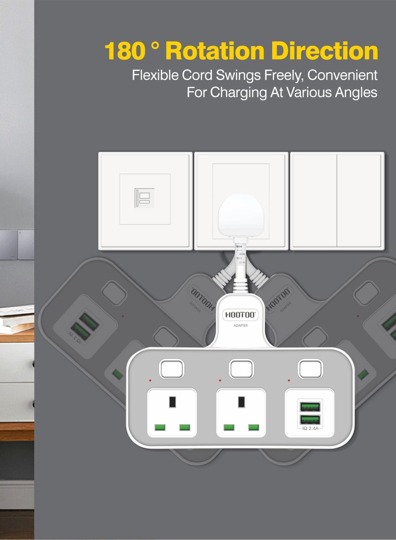 هوتو مقبس تمديد بقوة 3000 واط متعدد، موسع مخرج كهربائي بمخرجين  كهرباء مقابس تيار متردد و منفذين شحن يو اس بي (USB) متعدد الاستخدام بفوة 2.4  أمبير، توصيلة كهربائية موسعة قابلة لتدوير حتى 180 درجة وبأزرار اطفاء عند لكل منفذ، محول قابس المملكة المتحدة مناسبة للمنزل والمكتب والمطبخ سهلة الاستخدام وامنه - Image 2