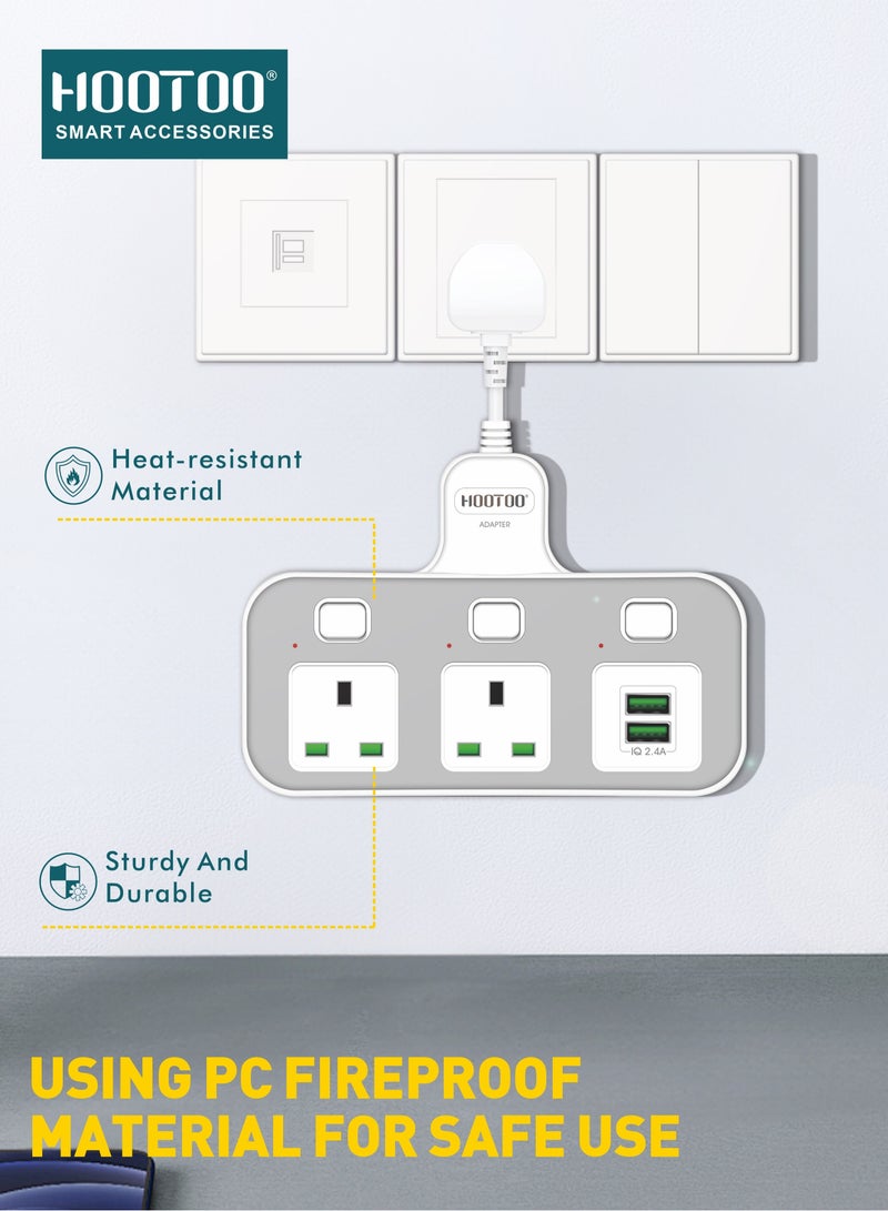 هوتو مقبس تمديد بقوة 3000 واط متعدد، موسع مخرج كهربائي بمخرجين  كهرباء مقابس تيار متردد و منفذين شحن يو اس بي (USB) متعدد الاستخدام بفوة 2.4  أمبير، توصيلة كهربائية موسعة قابلة لتدوير حتى 180 درجة وبأزرار اطفاء عند لكل منفذ، محول قابس المملكة المتحدة مناسبة للمنزل والمكتب والمطبخ سهلة الاستخدام وامنه - Image 3