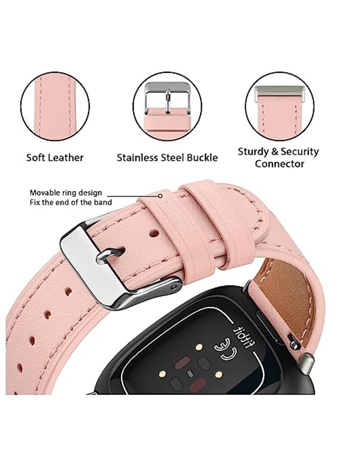 Meliya Leather Bands Compatible with Fitbit Versa 4 Bands/Fitbit Versa 3 Bands/Sense 2 Bands/Fitbit Sense Watch Bands for Women Men, Classic Genuine Leather Wristband Straps (Pink) - Image 2