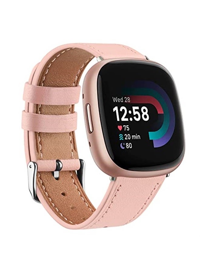 Meliya Leather Bands Compatible with Fitbit Versa 4 Bands/Fitbit Versa 3 Bands/Sense 2 Bands/Fitbit Sense Watch Bands for Women Men, Classic Genuine Leather Wristband Straps (Pink) - Image 1