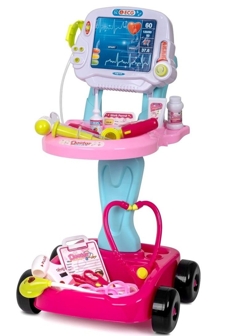 كيكو لعبة عربة الطبيب الذكية للأطفال - 17 قطعة عربة طبية للأطفال بعجلات، محطة طبية تظاهرية للأطفال مع أضواء وحقنة ومقياس حرارة وسماعة الطبيب - Image 1