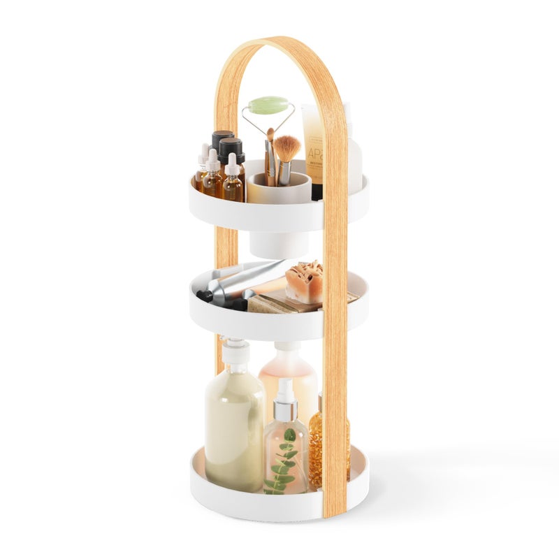 Umbra Bellwood Caddy Organizer for Makeup and Cosmetics Durable Rotating Container with Wooden Handle Large WhiteNatural - Image 2