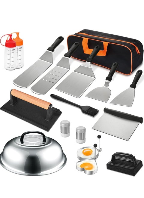 Griddle Accessories Kit,18 Pcs Flat Top Grill Accessories Set for Blackstone and Camp Chef, Grill Spatula Set with Enlarged Spatulas, Basting Cover, Scraper for BBQ Griddle Grill Tools Set