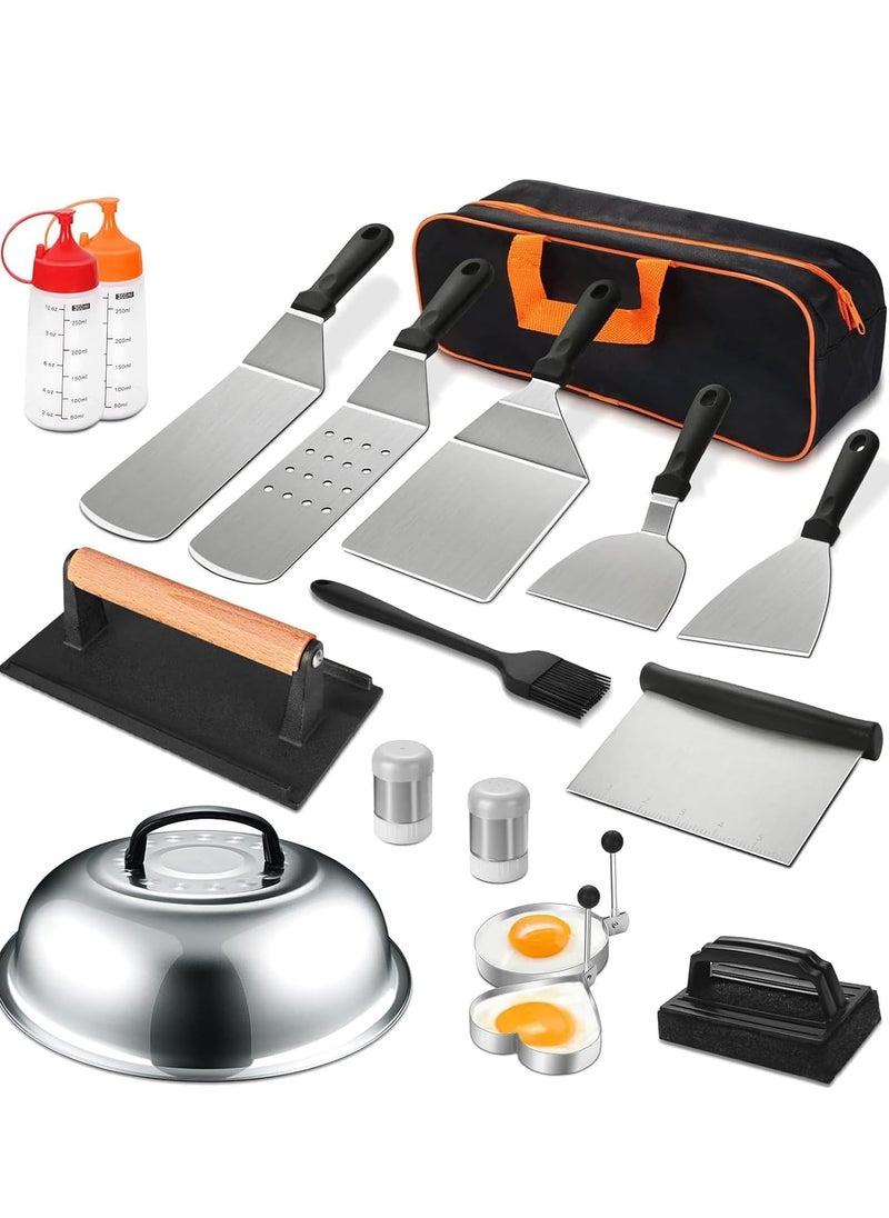 Hanayo Griddle Accessories Kit,18 Pcs Flat Top Grill Accessories Set for Blackstone and Camp Chef, Grill Spatula Set with Enlarged Spatulas, Basting Cover, Scraper for BBQ Griddle Grill Tools Set  - Image 1